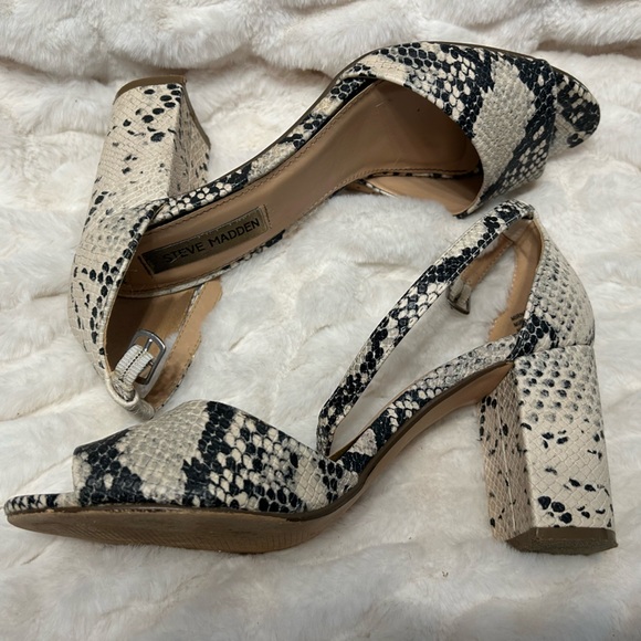 Steve Madden Black and White Snakeskin Ankle Strap Block Heel - Picture 11 of 15